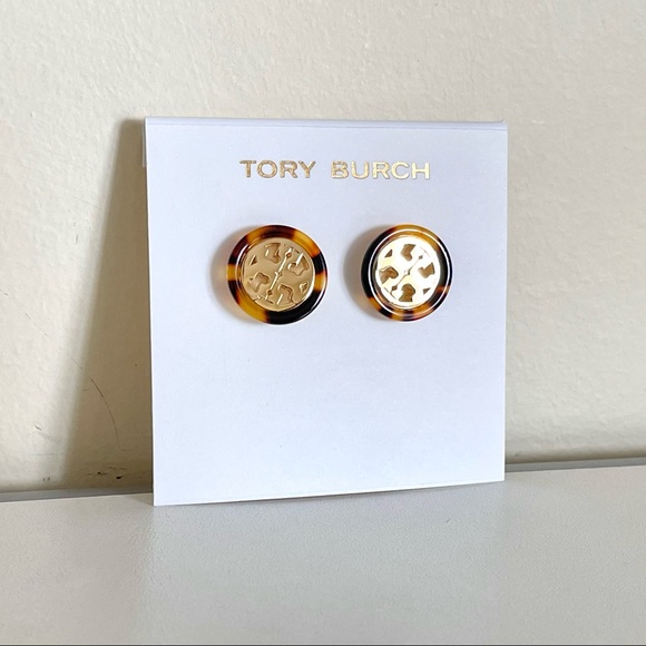 Tory Burch Unique Tortoise Shell Gold Logo Circle Studs - Picture 6 of 8